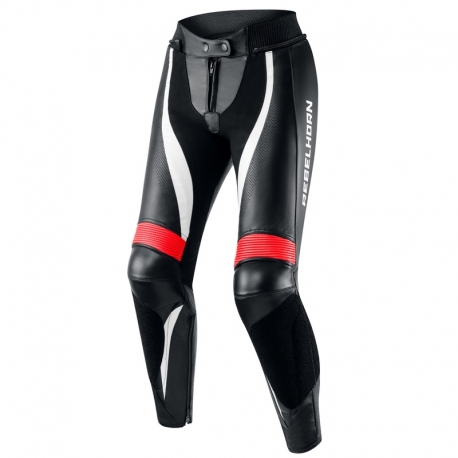 SPODNIE MOTOCYKLOWE SKÓRZANE DAMSKIE REBELHORN REBEL BLACK FLUO RED WHITE