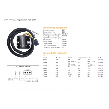 DZE REGULATOR NAPIĘCIA POLARIS ACE 325 EFI '14-'16, 570 EFI '15-'16, 900 '16, RZR 570/900 '12, RZR 1000 EFI '15, 12V 50A (MOSFET