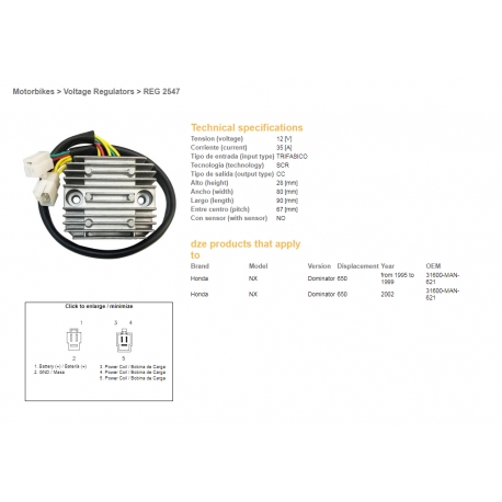 DZE REGULATOR NAPIĘCIA HONDA NX650 DOMINATOR '95-'99, '02 (31600-MAN-621) (12V/35A)