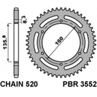 PBR ZĘBATKA TYLNA ALUMINIOWA (ERGAL) 3552 38 APRILIA ETX 125 '84 BMW G310 R '16-'20 (-2) (ŁAŃC. 520) KOLOR SREBRNY