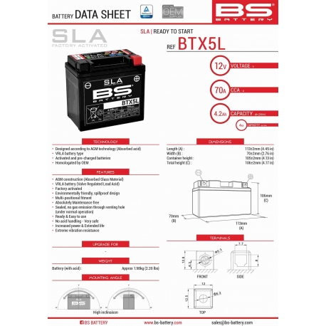 BS AKUMULATOR SLA BTX5L / BTZ6S (FA) (YTX5L-BS) 12V 5.3 AH 113X70X106 BEZOBSŁUGOWY - ZALANY (90A) (8)