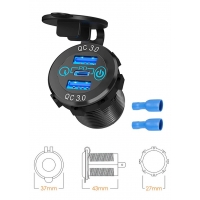 BIKETEC MOTOCYKLOWE POTRÓJNE GNIAZDO USB QC 3.0 X 2 I PD X 1 - 54 W POWER DELIVERY MONTAŻ NA POWIERZCHNIE PŁASKĄ (OWIEWKA, KUFER