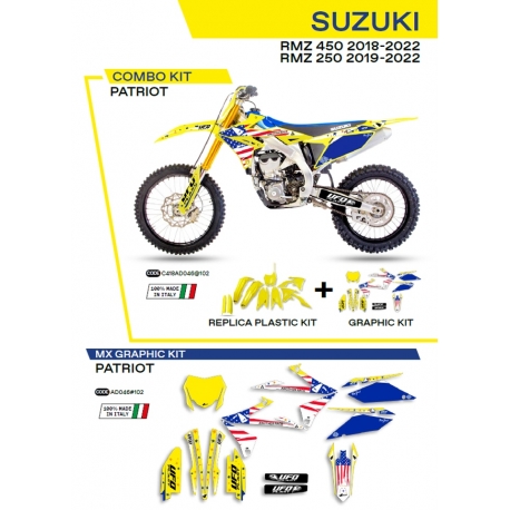 UFO KOMPLET PLASTIKÓW SUKIT418102 PLUS KOMPLET NAKLEJEK (OKLEIN) SUZUKI RMZ 250 '19-'22 RMZ 450 '18-'22 W ZESTAWIE PRZEDNIA TAB