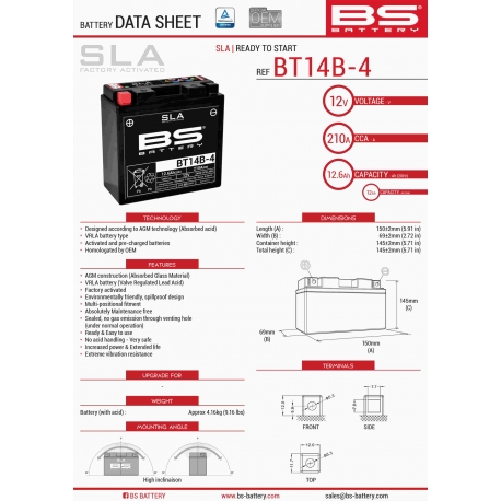 BS AKUMULATOR BT14B-4 (FA) (YT14B4) 12V 12AH 150X69X145 BEZOBSŁUGOWY - ZALANY (210A) (4)
