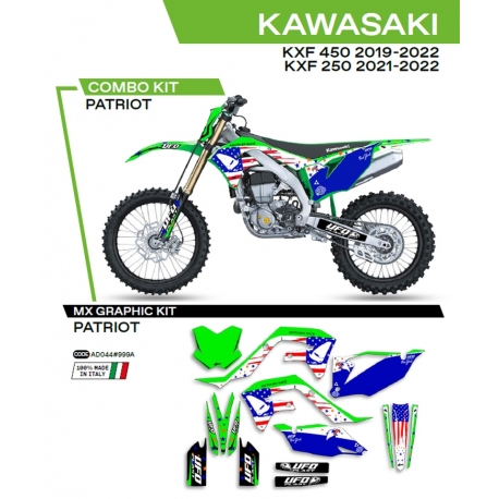 UFO KOMPLET NAKLEJEK (OKLEIN) KAWASAKI KXF 250 '21-'22 KXF 450 '19-'22 PATRIOT KOLOR OEM (ZIELONY/NIEBIESKI) - WYPRZEDAŻ