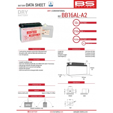 BS AKUMULATOR BB16AL-A2 (YB16ALA2) 12V 16AH 205X71X164 OBSŁUGOWY - ELEKTROLIT OSOBNO (175A) (3) UE2019/1148