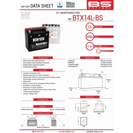 BS AKUMULATOR BTX14L-BS (YTX14L-BS) 150X87X145 BEZOBSŁUGOWY - ELEKTROLIT OSOBNO (4) UE2019/1148