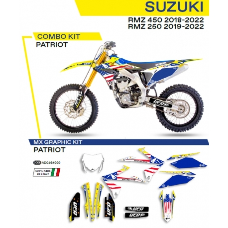 UFO KOMPLET NAKLEJEK (OKLEIN) SUZUKI RMZ 250 '19-'22 RMZ 450 '18-'22 PATRIOT KOLOR OEM (ŻÓŁTY/NIEBIESKI/BIAŁY) - WYPRZEDAŻ