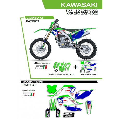 UFO KOMPLET PLASTIKÓW KAKIT227999A PLUS KOMPLET NAKLEJEK (OKLEIN) KAWASAKI KXF 250 '21-'22 KXF 450 '19-'22 W ZESTAWIE PRZEDNIA 