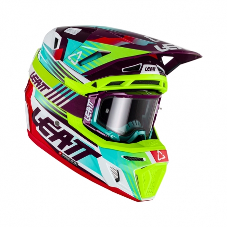 LEATT KASK MOTO 8.5 V23 (+ GOGLE VELOCITY 5.5 GRATIS) HELMET KIT NEON KOLOR ZIELONY FLUO/FIOLETOWY/NIEBIESKI ROZMIAR M (57-58 cm