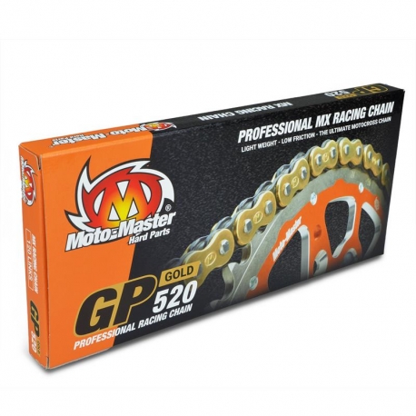 MOTO-MASTER ŁAŃCUCH NAPĘDOWY GP-520G MX PROFESSIONAL MOTOCROSS RACING CHAIN BEZ ORINGÓW KOLOR ZŁOTY (120 OGNIW, ZAPINKA W ZESTAW