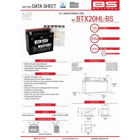 BS AKUMULATOR BTX20HL-BS (YTX20HL-BS) 175X87X155 BEZOBSŁUGOWY - ELEKTROLIT OSOBNO (310A) (2) UE2019/1148