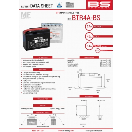 BS AKUMULATOR BTR4A-BS (YTR4A-BS) 12V 2,3AH 113X38X85 BEZOBSŁUGOWY - ELEKTROLIT OSOBNO (45A) (12) UE2019/1148