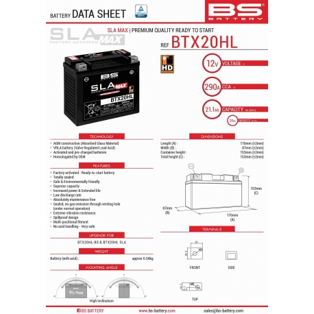 BS AKUMULATOR BTX20HL MAX (FA) (YTX20HL-BS) 12V 20AH 176X87X153 BEZOBSŁUGOWY - ZALANY (ZWIĘKSZONY PRĄD ROZRUCHOWY) (310A) - ZAST