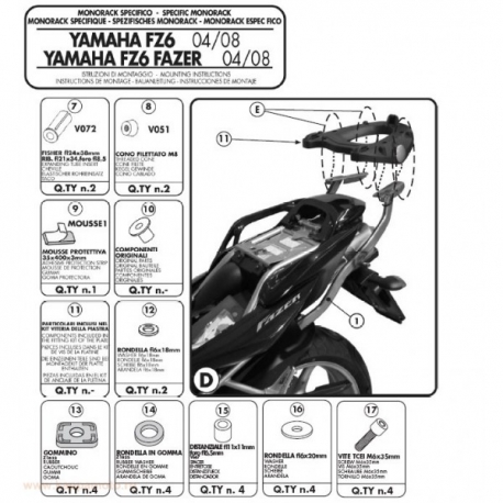 KAPPA STELAŻ KUFRA CENTRALNEGO YAMAHA FZ6 / FZS 600 FAZER (04-06), FZ6 S2 / FZ6 600 FAZER S2 (07-11) ( BEZ PŁYTY ) - PATRZ OPIS 