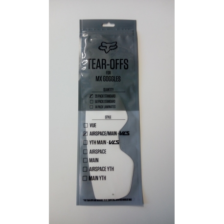ZRYWKI TEAR-OFF DO GOGLI FOX AIRSPACE/MAIN 2 STANDARD 20PK CLEAR