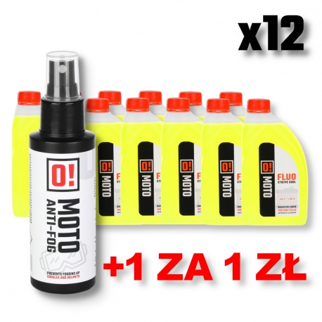 OMOTO ZESTAW 12 SZTUK PŁYN DO CHŁODNIC 1L O! FLUO XTREME COOL + OMOTO PREPARAT PRZECIW PAROWNIU GOGLI OKULARÓW SZYBEK 100ML O! A