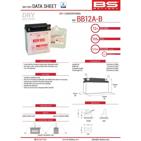 BS AKUMULATOR BB12A-B (YB12A-B) 12V 12AH 134X80X160 OBSŁUGOWY - ELEKTROLIT OSOBNO (155A) (4) UE2019/1148