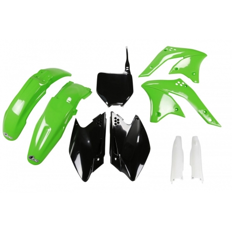 UFO KOMPLET PLASTIKÓW (FULL KIT) Z OSŁONAMI TELESKOPÓW (AMORTYZATORÓW) KAWASAKI KXF 250 '08 KOLOR OEM (ZIELONY/CZARNY) (KA210E99