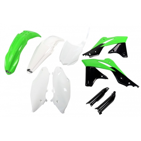 UFO KOMPLET PLASTIKÓW (FULL KIT) Z OSŁONAMI TELESKOPÓW (AMORTYZATORÓW) KAWASAKI KXF 250 '13-'16 KOLOR OEM '14-'15 (ZIELONY/BIAŁY