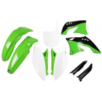 UFO KOMPLET PLASTIKÓW (FULL KIT) Z OSŁONAMI TELESKOPÓW (AMORTYZATORÓW) KAWASAKI KXF 450 '09-'11 KOLOR OEM '10-'11 (ZIELONY/BIAŁY