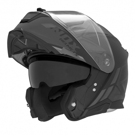 NOX FLIP-UP HELMET NOX KASK SZCZĘKOWY (FLIP-UP) Z BLENDĄ N967 SYNCHRO KOLOR CZARNY/TYTANOWY MAT ROZMIAR XXL