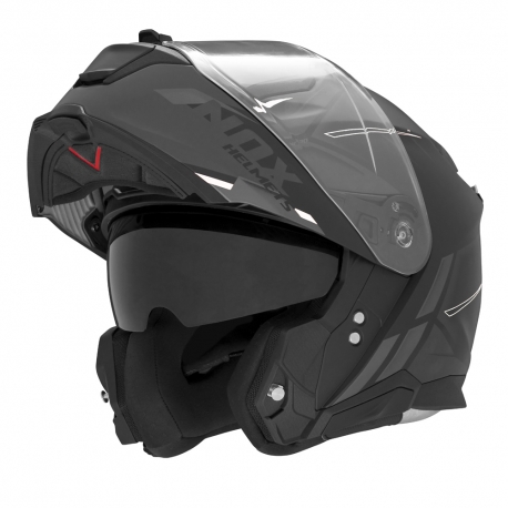 NOX FLIP-UP HELMET NOX KASK SZCZĘKOWY (FLIP-UP) Z BLENDĄ N967 SYNCHRO KOLOR CZARNY/BIAŁY/SZARY MAT ROZMIAR M