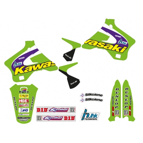 TECNOSEL (BLACKBIRD) KOMPLET NAKLEJEK (OKLEIN) + POKROWIEC/POSZYCIE NA SIEDZENIE KAWASAKI KX 125/250 '94-'98, REPLICA TEAM KAWAS