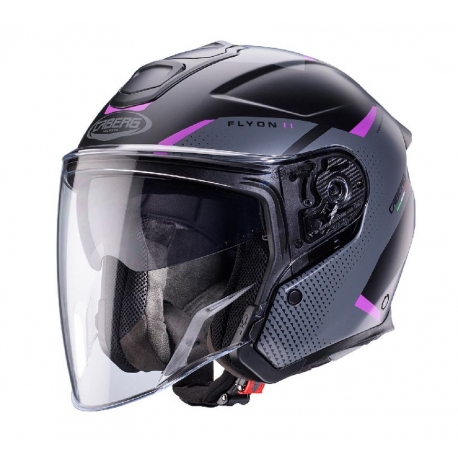 CABERG KASK OTWARTY JET OTWARTY FLYON II BOSS KOLOR CZARNY MAT/SZARY/FUKSJA (INTENSYWNY ODCIEŃ RÓŻOWEGO) ROZMIAR S