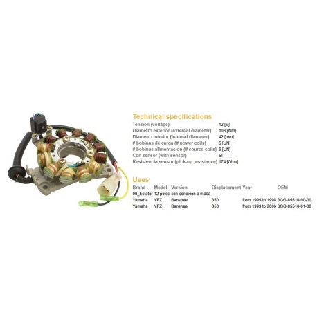 DZE UZWOJENIE ALTERNATORA STATOR YAMAHA YFZ 350 BANSHEE '95-'06 (3GG-85510-01-00 3GG-85510-00-00) (ESG870)