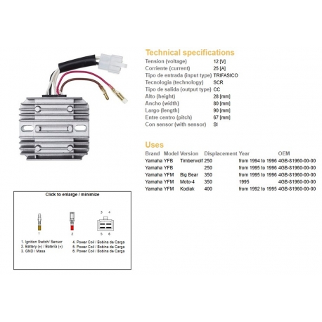 DZE REGULATOR NAPIĘCIA YAMAHA YFB 250 TIMBERWOLF '94-'96 YFM 350 BIG BEAR '95-'96 YFM 400 KODIAK '92-'95 (4GB-81960-00-00)