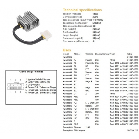 DZE REGULATOR NAPIĘCIA KAWASAKI EL/EN/EX/GPZ/KZ/Z (SH530-12) (21066-1030) (SH530-12K,ESR140)