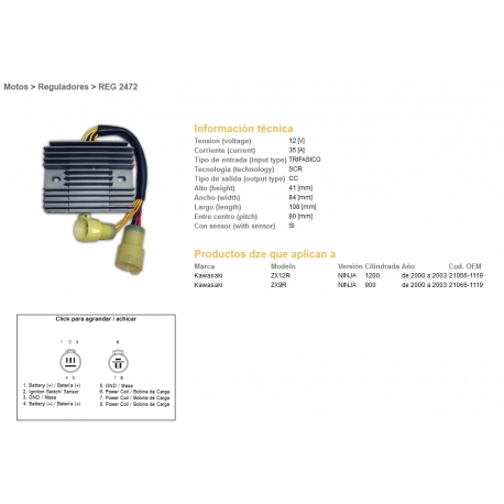 DZE REGULATOR NAPIĘCIA KAWASAKI ZX 9R '00-'03 ZX 12R '00-'03 (35A) (21066-1119) (ESR516)