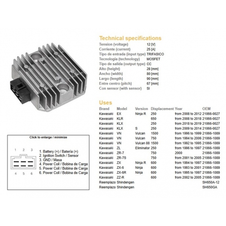 DZE REGULATOR NAPIĘCIA KAWASAKI VN 750 '94-'06 VN 1500 '96-'99 ZX 6 '93-'01 ZX-6R '95-'97 ZR-7 (RGU-404,ESR260) (21066-1089,