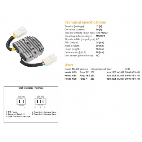 DZE REGULATOR NAPIĘCIA HONDA NSS 250 FORZA '05-'07 (OEM 31600-KSV-J01) MOSFET (50A)