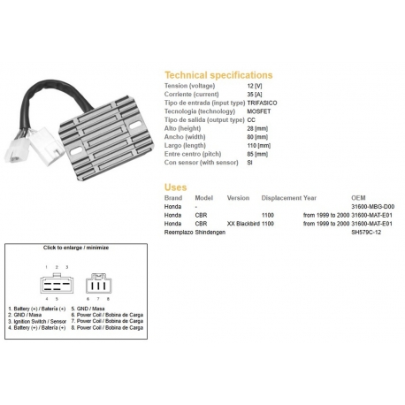 DZE REGULATOR NAPIĘCIA HONDA CBR1100XX '99-'00 (31600-MAT-E01) (SH579C-12) (ESR684)