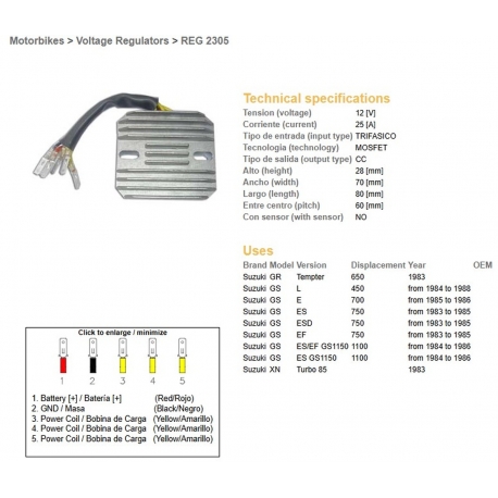 DZE REGULATOR NAPIĘCIA SUZUKI GS 450L '84-'88 GS 700E '85-'86 GS 750ES/EF/ESD '83-'85 GS 1100ES/EF '84-'86 GR 650 TEMPTER '8