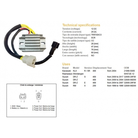 DZE REGULATOR NAPIĘCIA SUZUKI DRZ 400/E/S '00-'17 (DR-Z) KAWASAKI KLX 400 '04- (32800-29F00, 32800-08D00) (SH572E-12) (ESR105)