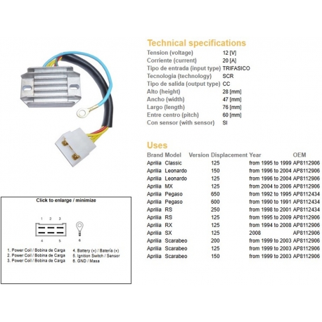 DZE REGULATOR NAPIĘCIA APRILIA PEGASO 600/650 '90-'95 RS 125/250 '95-'09 RX 125 '94-'08 LEONARDO SCARABEO (ESR087)