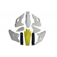 POLISPORT KOMPLET PLASTIKÓW (FULL KIT) HUSQVARNA TE/FE TPI '24-'25 W ZESTAWIE OSŁONY AMORTYZATORÓW KOLOR OEM BIAŁY ŻÓŁTY NIEBIES