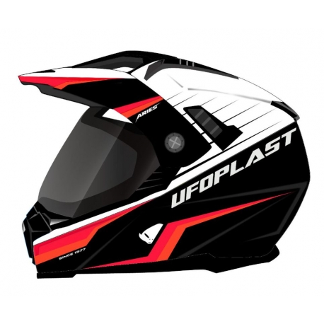UFO KASK ARIES OFFROAD / DUAL / TOURER / CROSSOVER Z SZYBĄ, DASZKIEM I BLENDĄ PRZECIWSŁONECZNĄ KOLOR CZARNY/BIAŁY/CZERWONY FLUO 