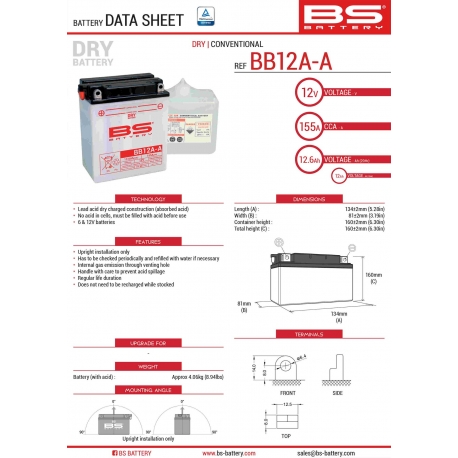 BS AKUMULATOR BB12A-A (YB12A-A) 12V 12AH 134X81X160 OBSŁUGOWY - ELEKTROLIT OSOBNO (155A) (4) UE2019/1148