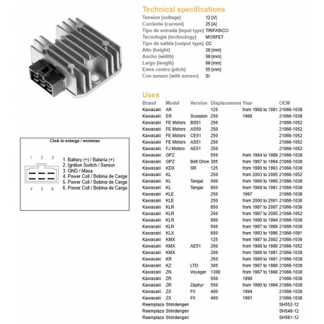 DZE REGULATOR NAPIĘCIA KAWASAKI KDX 125 '90-'93 KLE 250 KL 500/650 '89-'91 KMX 125/200 '87-'02 KLX 650 '93-'96 (ESR246) (208