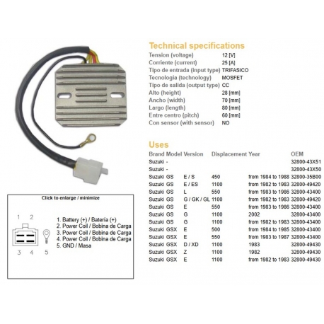 DZE REGULATOR NAPIĘCIA SUZUKI GS 450E/S '84-'88 GS 500 '84-'85 GS 550 '83-'87 GS 1100E/ES/G '82-'87 GSX 1100E/Z/D '82- (ESR0