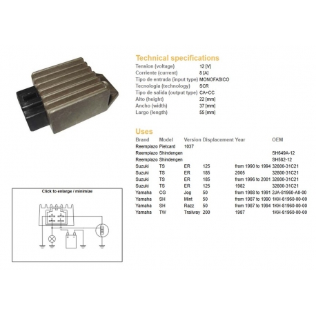 DZE REGULATOR NAPIĘCIA SUZUKI TS 125ER '90-'94 YAMAHA JOG 50 (1KH-81960-00-00 32800-31C21) (SH582-12 SH649A-12) 12V/18A
