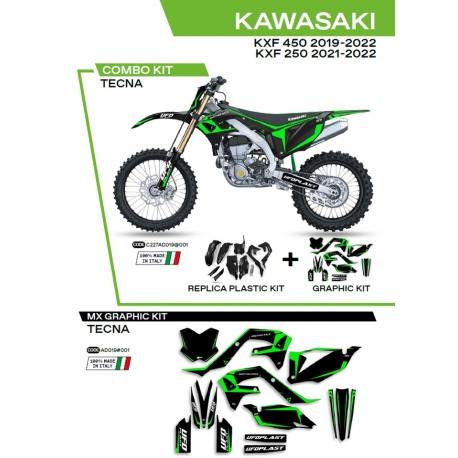UFO KOMPLET PLASTIKÓW KAKIT227001 PLUS KOMPLET NAKLEJEK (OKLEIN) KAWASAKI KXF 250 '21-'22 KXF 450 '19-'22 W ZESTAWIE PRZEDNIA T