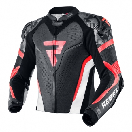 KURTKA MOTOCYKLOWA SKÓRZANA REBELHORN REBEL BLACK WHITE FLUO RED 46