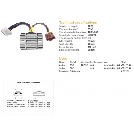 DZE REGULATOR NAPIĘCIA APRILIA RSV 1000 '04-'08 TUONO 1000 '06-'09 (SH579GA) (AP8127144) (ESR549)