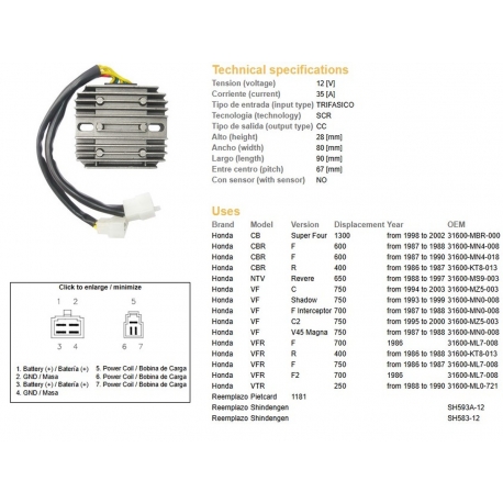DZE REGULATOR NAPIĘCIA HONDA CBR 600F '87-'90 CB 1300 '98-'02 NTV 650 REVERE '88-'97 VF 700/750 '07-'03 VFR 400/750 '86-'88 