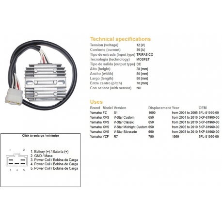 DZE REGULATOR NAPIĘCIA YAMAHA XVS 650 V-STAR '01-'16 YZF 750 R7 '99 FZ 1000 '01-'05 (5KP-81960-00) (35A) (ESR266) (5FL-81960-